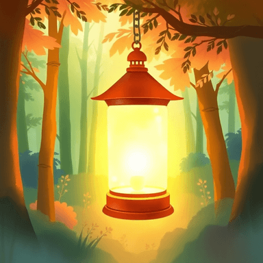 Glowing lantern in a forest, decorative thumbnail for the audio sample