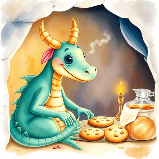 Watercolor illustration of a friendly dragon baking cookies in a cozy cave