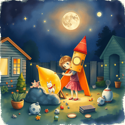 Watercolor illustration of a little girl building a spaceship in her backyard at night
