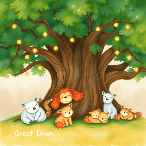 Watercolor illustration of sleepy animals settling down in a great oak tree